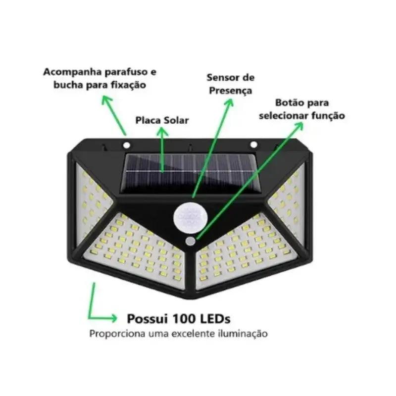 Luminária Solar Parede 100 Led Sensor Presença Com 3 Funções