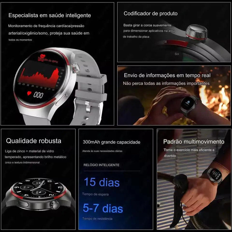 SmartWatch 4 com monitor cardíaco de monitoramento de oxigênio faz e recebe chamadas, notificações por SMS