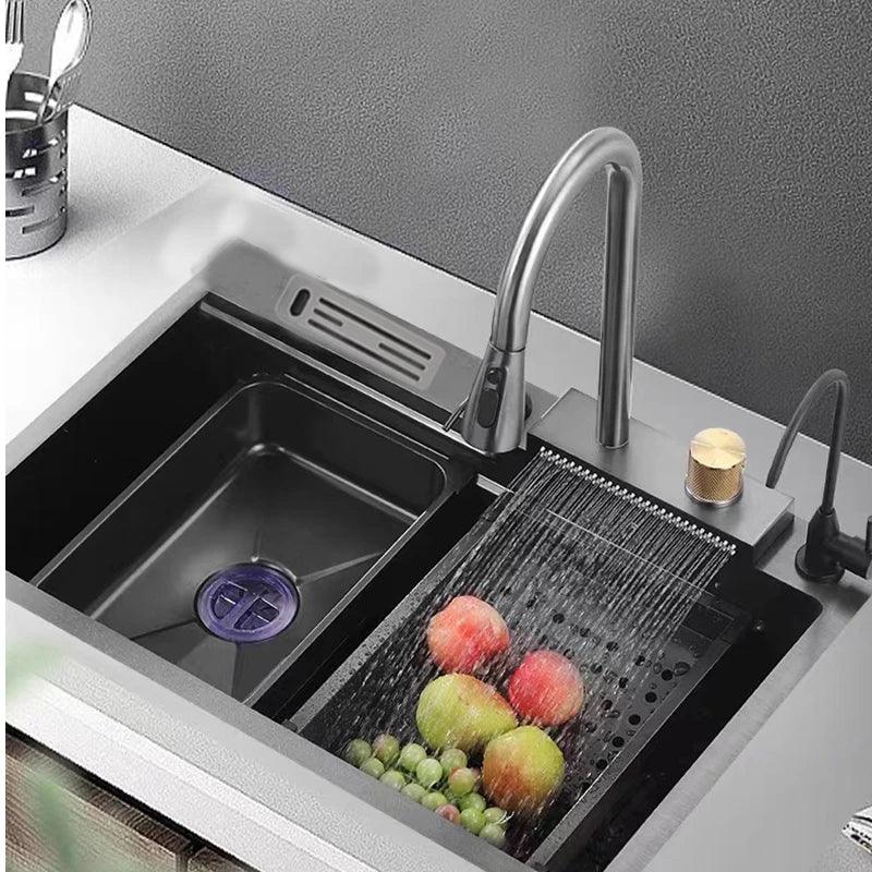 Versatile Kitchen Sink with Flexible Black Tap - Stainless Steel (75X45X20 Cm)