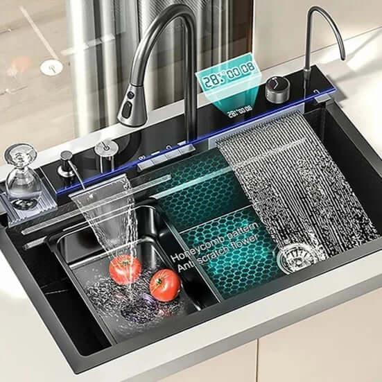 Kit Cuba Cozinha Gourmet Aço Inox c/ Torneira Flexível Preta Display LED Temperatura 75x45x20 cm