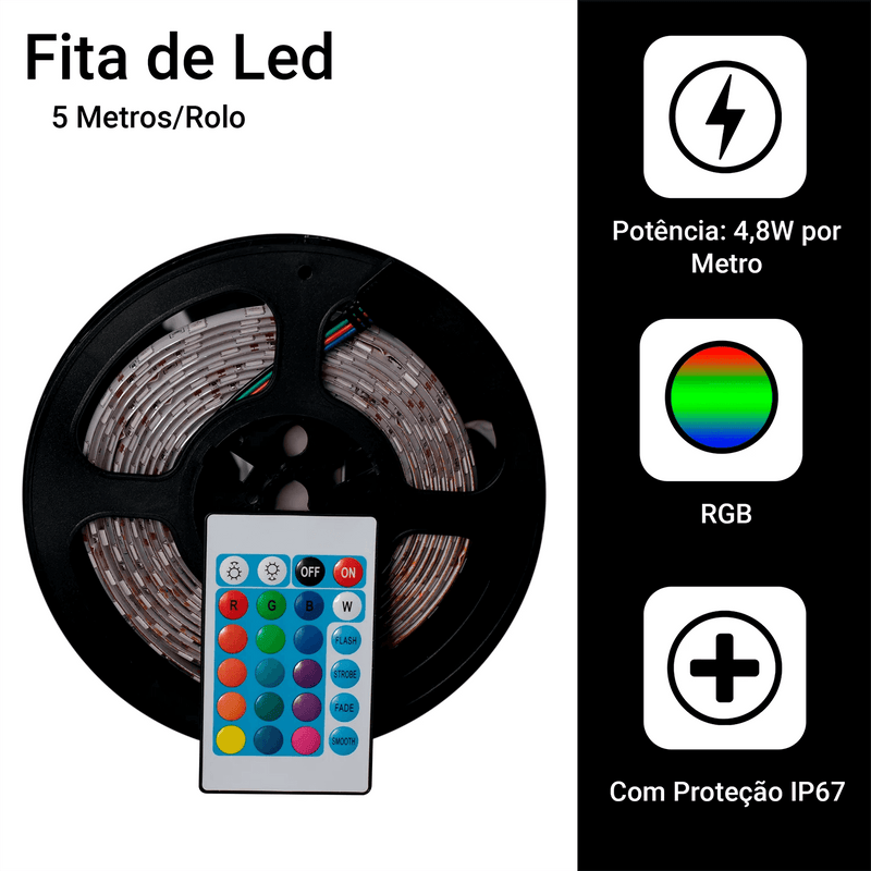 Fita LED 5050 Rgb Color 5 Metros Prova D'água Com Controle